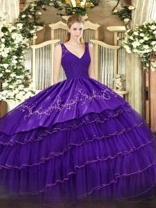 Wonderful V-neck Sleeveless Zipper Vestidos de Quinceanera Purple Satin and Tulle