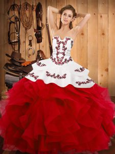 Floor Length White And Red 15 Quinceanera Dress Strapless Sleeveless Lace Up