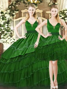 Dark Green Straps Lace Up Beading and Ruffled Layers Quinceanera Gown Sleeveless