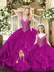Fuchsia Ball Gowns Tulle Straps Sleeveless Beading and Ruffles Floor Length Lace Up Quince Ball Gowns