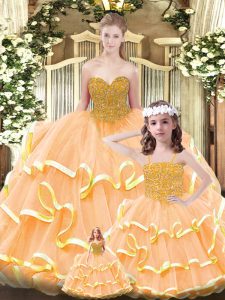 Latest Orange Sleeveless Organza Lace Up 15th Birthday Dress for Military Ball and Sweet 16 and Quinceanera