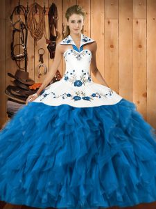 Teal Lace Up Ball Gown Prom Dress Embroidery and Ruffles Sleeveless Floor Length