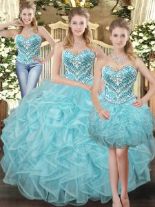 Aqua Blue Three Pieces Sweetheart Sleeveless Organza Floor Length Lace Up Beading and Ruffles Sweet 16 Dresses