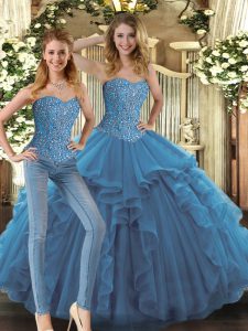 Delicate Sleeveless Floor Length Beading and Ruffles Lace Up Quinceanera Dress with Teal