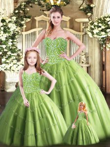 Extravagant Olive Green Ball Gowns Beading 15th Birthday Dress Lace Up Tulle Sleeveless Floor Length