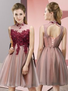 Perfect Peach Dama Dress Prom and Party and Wedding Party with Appliques High-neck Sleeveless Lace Up