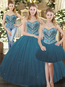 Sleeveless Floor Length Beading Lace Up 15 Quinceanera Dress with Teal