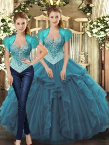 Floor Length Teal Sweet 16 Quinceanera Dress Straps Sleeveless Lace Up
