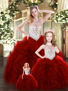 Flirting Wine Red Tulle Lace Up Quinceanera Gowns Sleeveless Floor Length Beading and Ruffles