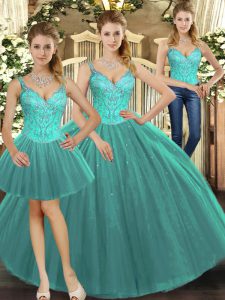 Hot Selling Turquoise Sleeveless Tulle Lace Up Quince Ball Gowns for Military Ball and Sweet 16 and Quinceanera