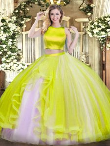 Fitting Floor Length Yellow Green Quinceanera Dress Tulle Sleeveless Ruffles
