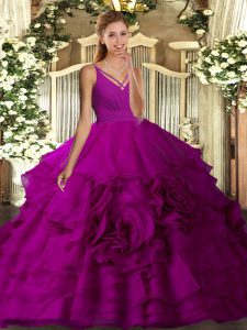Captivating Purple Fabric With Rolling Flowers Backless V-neck Sleeveless Floor Length Vestidos de Quinceanera Ruching
