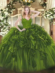 Olive Green Sleeveless Organza Zipper Quinceanera Dresses for Sweet 16 and Quinceanera