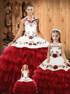 Halter Top Sleeveless Quince Ball Gowns Floor Length Embroidery and Ruffles Wine Red Tulle