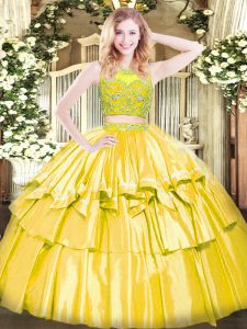 Customized Yellow Two Pieces Beading and Ruffled Layers Quinceanera Dress Zipper Tulle Sleeveless Floor Length