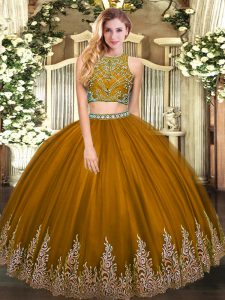 Artistic Brown Sleeveless Floor Length Beading and Appliques Zipper Quinceanera Gowns