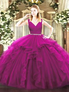 Inexpensive Beading and Ruffles Ball Gown Prom Dress Fuchsia Zipper Sleeveless Floor Length