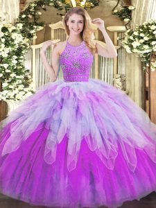 Glittering Multi-color Ball Gowns Halter Top Sleeveless Tulle Floor Length Zipper Beading and Ruffles 15 Quinceanera Dress