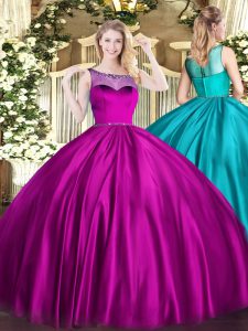 Fuchsia Ball Gowns Scoop Sleeveless Satin Floor Length Zipper Beading Quinceanera Gown