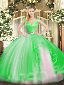 Sleeveless Tulle Floor Length Zipper Ball Gown Prom Dress in Green with Beading and Ruffles
