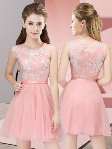 Custom Designed Baby Pink Scoop Side Zipper Lace Dama Dress for Quinceanera Sleeveless