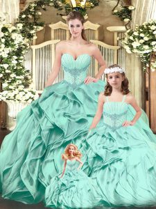 Aqua Blue Lace Up Quince Ball Gowns Beading and Ruffles Sleeveless Floor Length