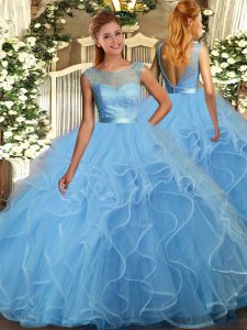 Dazzling Sleeveless Organza Floor Length Backless Quinceanera Gown in Aqua Blue with Ruffles