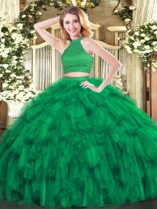 Green Backless Halter Top Beading and Ruffles Sweet 16 Dress Organza Sleeveless