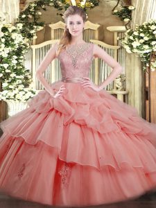 High Quality Watermelon Red Ball Gowns Scoop Sleeveless Tulle Floor Length Backless Beading and Ruffled Layers Quinceanera Dress