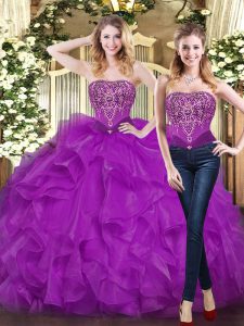 Decent Purple Lace Up Sweetheart Beading and Ruffles 15th Birthday Dress Organza Sleeveless