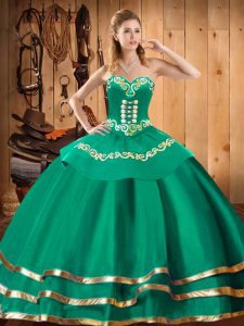 Eye-catching Turquoise Ball Gowns Sweetheart Sleeveless Organza Floor Length Lace Up Embroidery Ball Gown Prom Dress