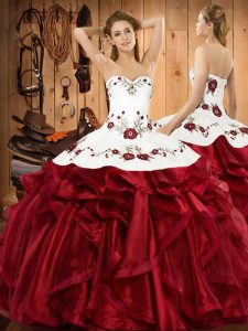 Fashionable Wine Red Organza Lace Up Sweetheart Sleeveless Floor Length Vestidos de Quinceanera Embroidery and Ruffles