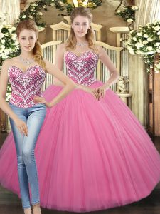 Rose Pink Lace Up Sweetheart Beading Quinceanera Gowns Tulle Sleeveless