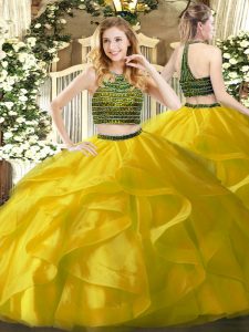 Elegant Floor Length Zipper Sweet 16 Dress Yellow for Military Ball and Sweet 16 and Quinceanera with Beading and Ruffles
