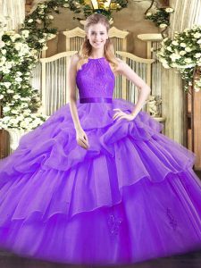 Eggplant Purple Sleeveless Floor Length Lace and Ruffled Layers Zipper Sweet 16 Quinceanera Dress