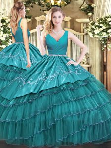 Satin and Organza Sleeveless Floor Length Quinceanera Gowns and Embroidery and Ruffled Layers