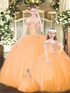 Orange Tulle Lace Up Ball Gown Prom Dress Sleeveless Floor Length Beading