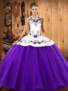 Halter Top Sleeveless Lace Up Vestidos de Quinceanera Purple Satin and Tulle