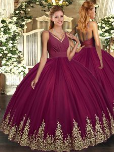 Hot Selling Appliques 15 Quinceanera Dress Burgundy Backless Sleeveless Floor Length