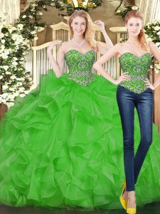 Green Ball Gowns Tulle Sweetheart Sleeveless Beading and Ruffles Floor Length Lace Up Quince Ball Gowns