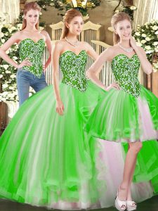 Dazzling Sleeveless Tulle Floor Length Lace Up Quince Ball Gowns in with Beading