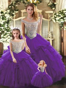 Purple Bateau Lace Up Beading and Ruffles Quinceanera Gowns Sleeveless