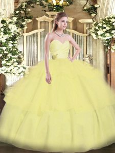 Sumptuous Light Yellow Sleeveless Organza Lace Up Vestidos de Quinceanera for Military Ball and Sweet 16 and Quinceanera