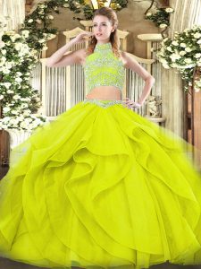Yellow Green Sleeveless Floor Length Beading and Ruffles Backless Sweet 16 Dresses