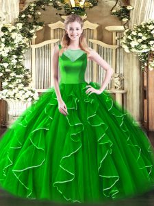Luxurious Green Ball Gowns Beading and Ruffles Quince Ball Gowns Side Zipper Organza Sleeveless Floor Length
