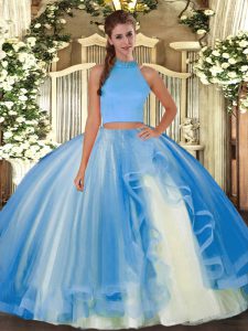 On Sale Light Blue Tulle Backless Sweet 16 Dress Sleeveless Floor Length Beading and Ruffles