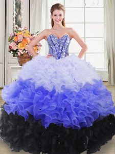 Beautiful Sweetheart Sleeveless Quinceanera Gown Floor Length Beading and Ruffles Multi-color Organza