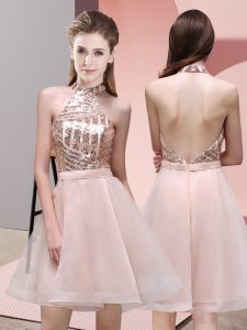 Baby Pink A-line Sequins Quinceanera Court Dresses Backless Chiffon Sleeveless Mini Length