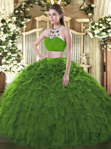 Fashion Dark Green High-neck Backless Beading and Ruffles Sweet 16 Dresses Sleeveless