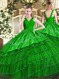Elegant Green Satin and Organza Zipper V-neck Sleeveless Floor Length Quinceanera Dress Embroidery and Ruffled Layers